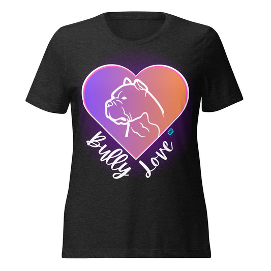 Black Tshirt with Bully Love Text in Apricot Font Gradient Heart Purple to Light Orange Outlined with Pink and White 