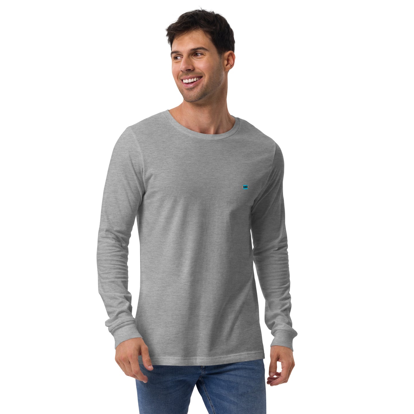 male wearing athletic heather gray long sleeve t-shirt with kiko logo left chest