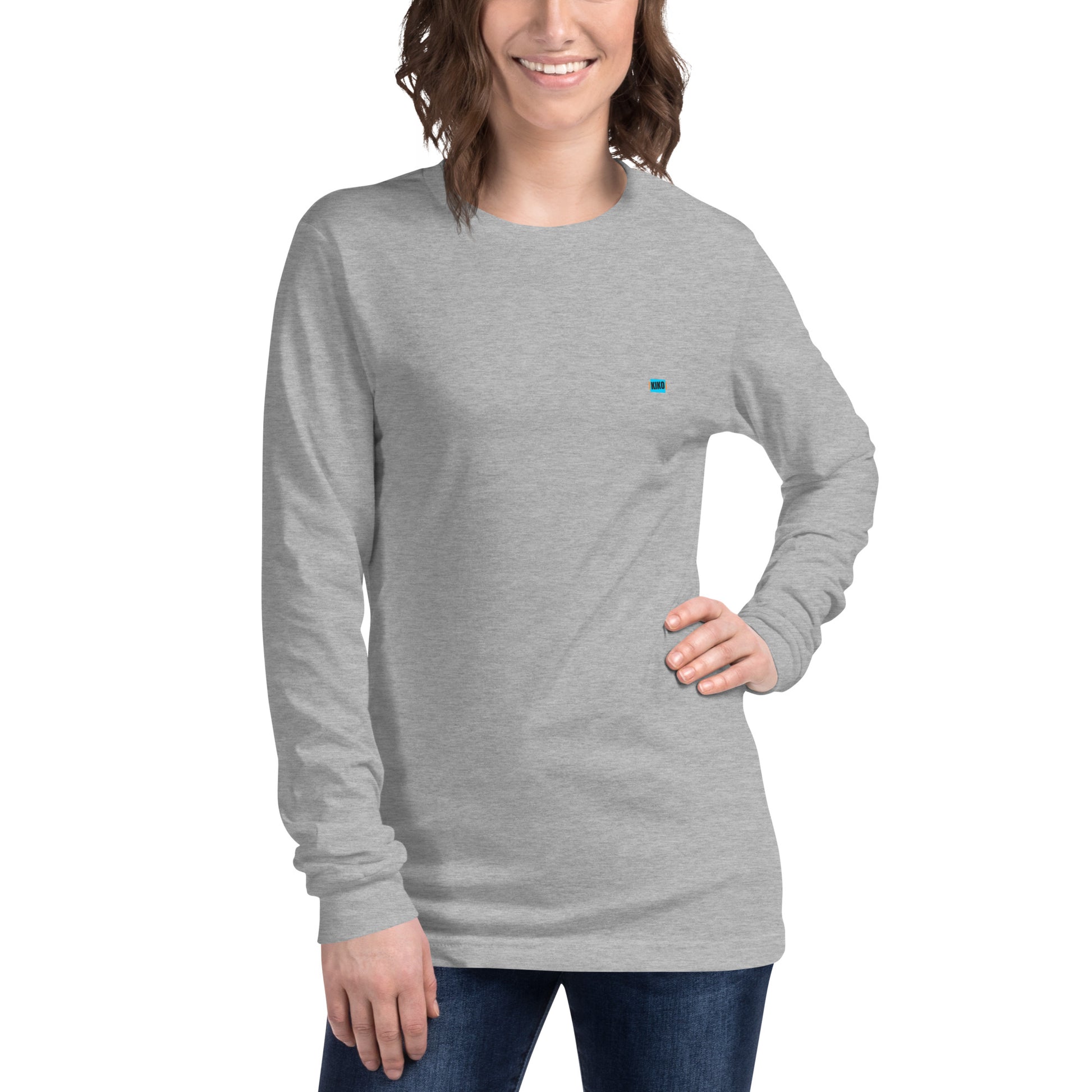 female wearing athletic heather gray long sleeve t-shirt with kiko logo left chest