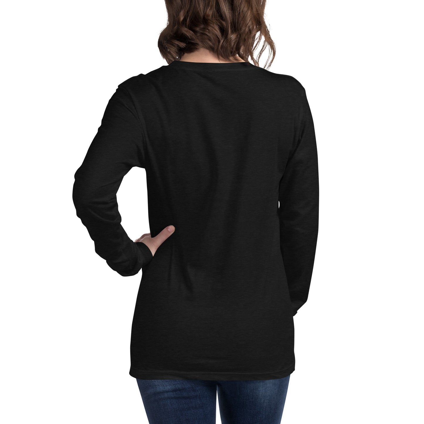 back of female wearing black long sleeve t-shirt 