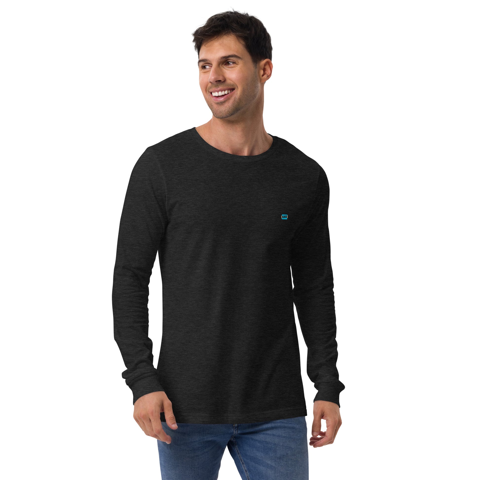 male wearing black long sleeve t-shirt with kiko logo left chest