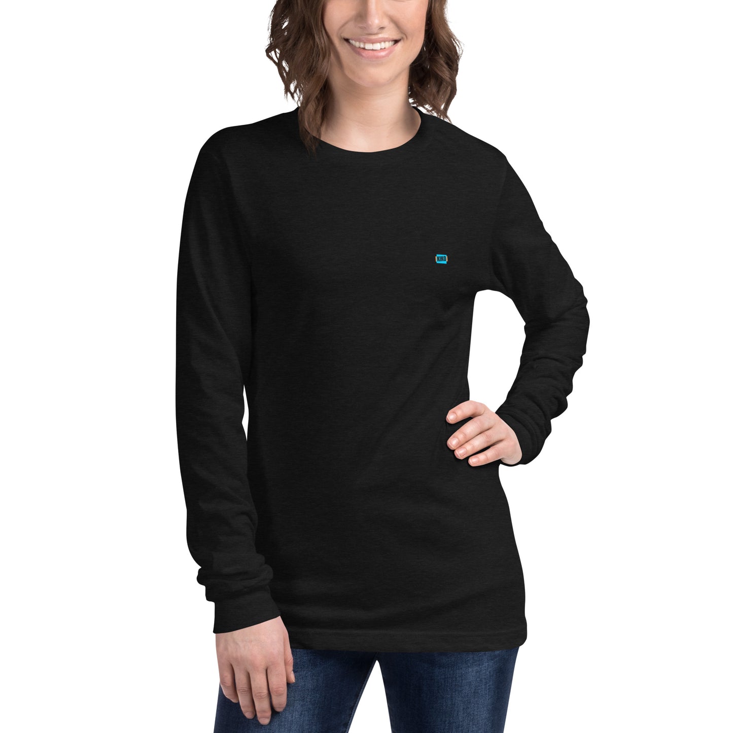 female wearing black long sleeve t-shirt with kiko logo left chest