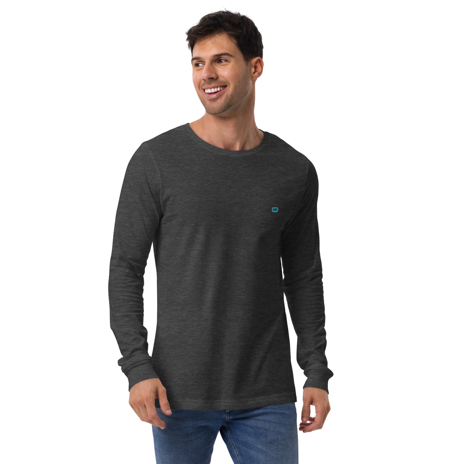 male wearing dark grey heather long sleeve t-shirt with kiko logo left chest