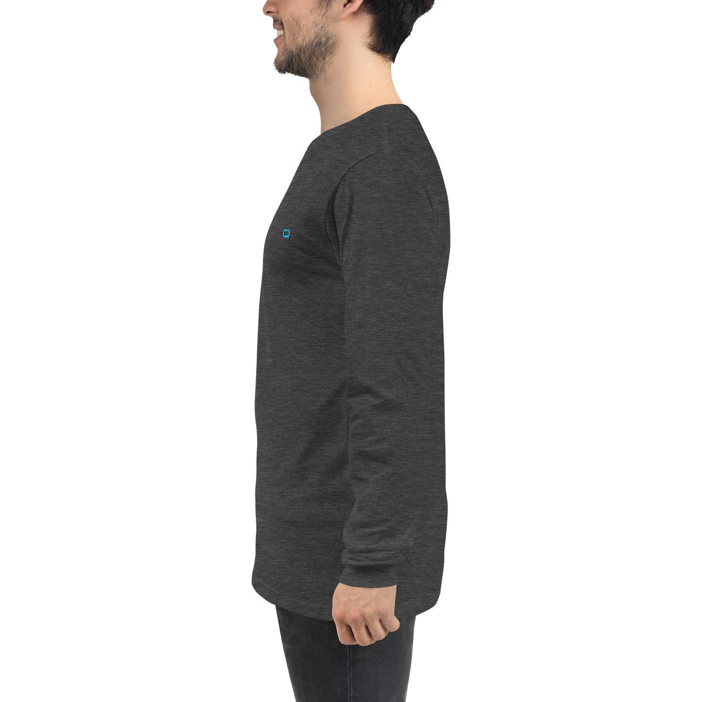 side view of male wearing dark grey heather long sleeve t-shirt with kiko logo left chest