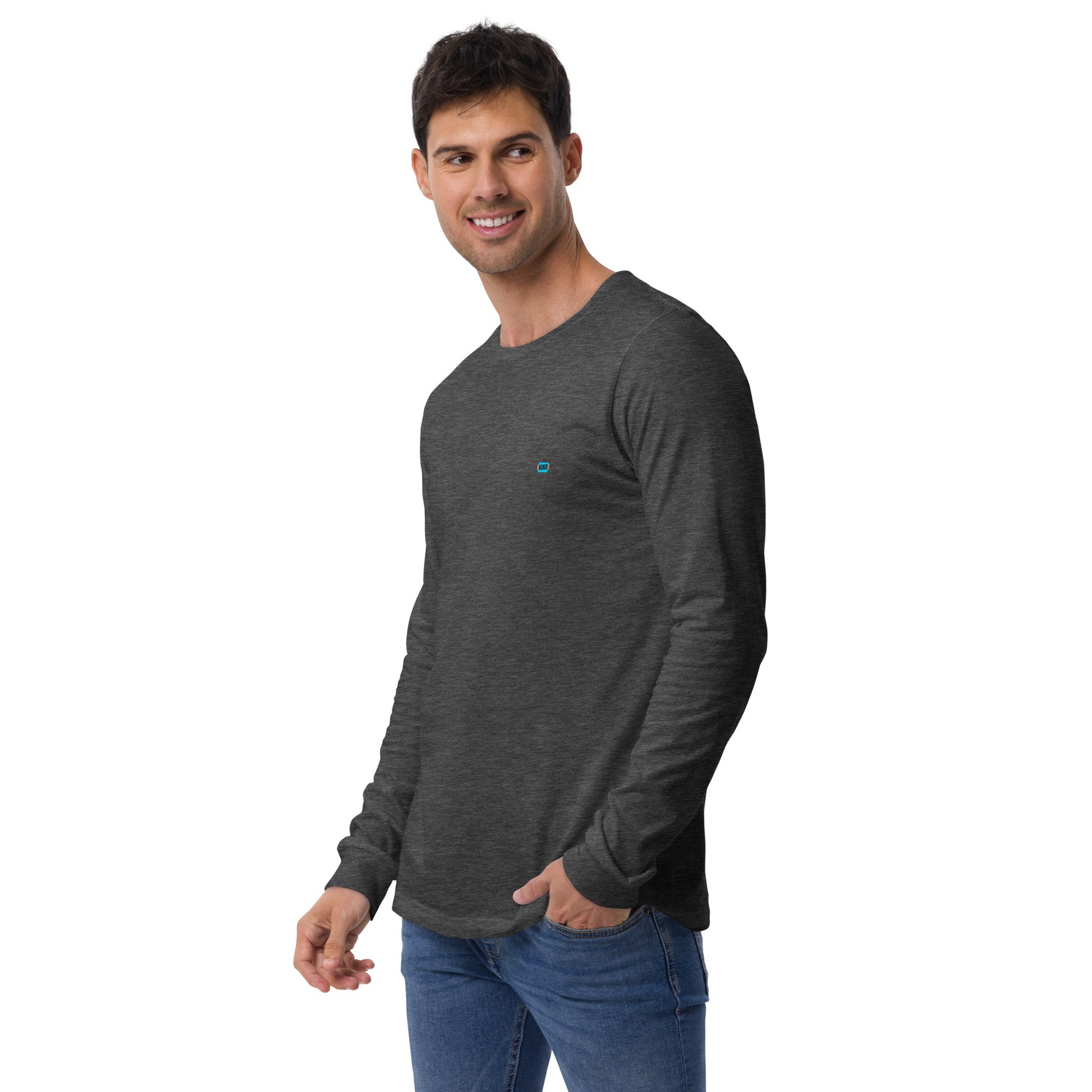 male wearing dark grey heather long sleeve t-shirt with kiko logo left chest