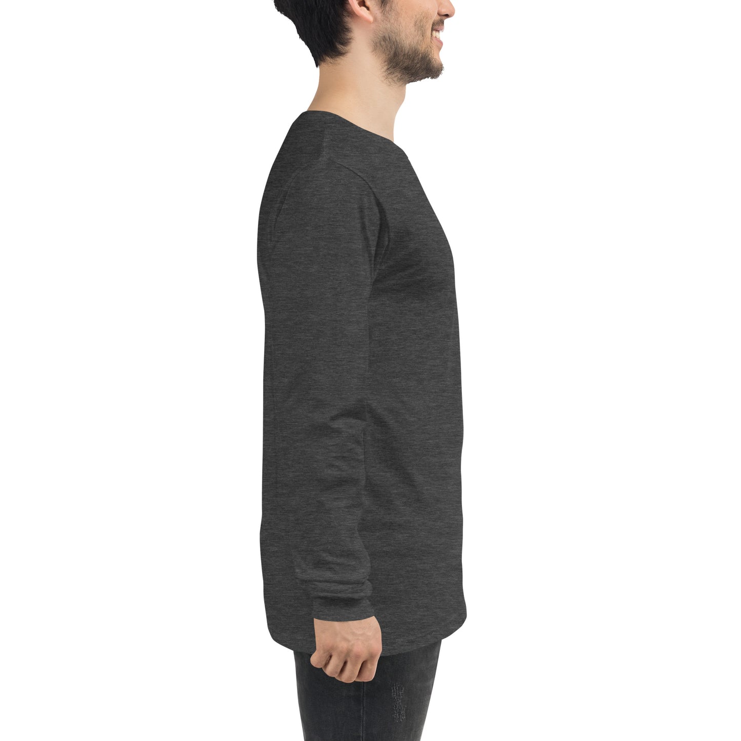 side view right side of male wearing dark grey heather long sleeve t-shirt no kiko logo