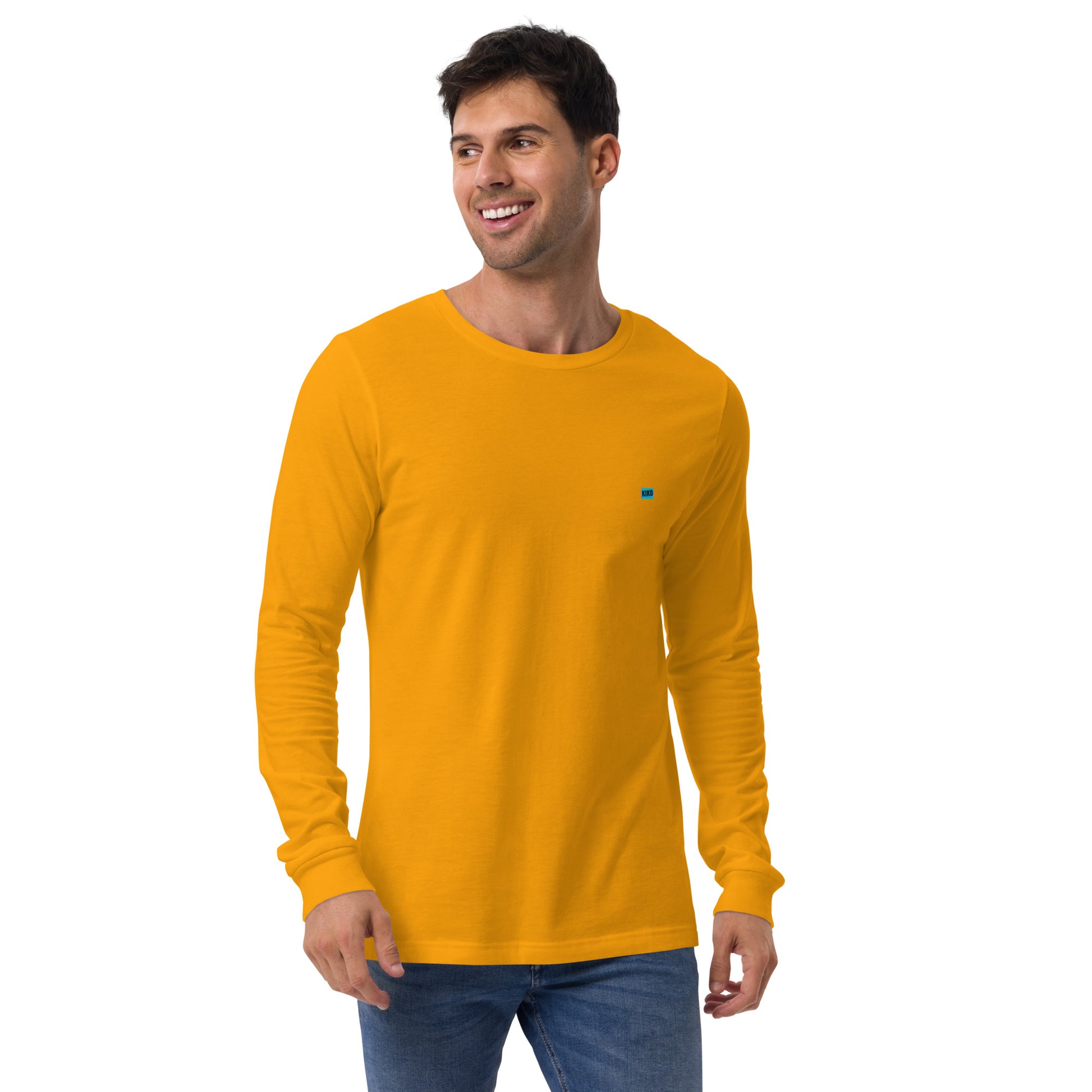 male wearing gold long sleeve t-shirt with kiko logo left chest