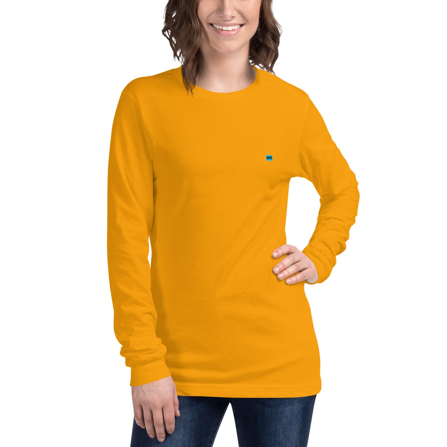 female wearing gold long sleeve t-shirt with kiko logo left chest