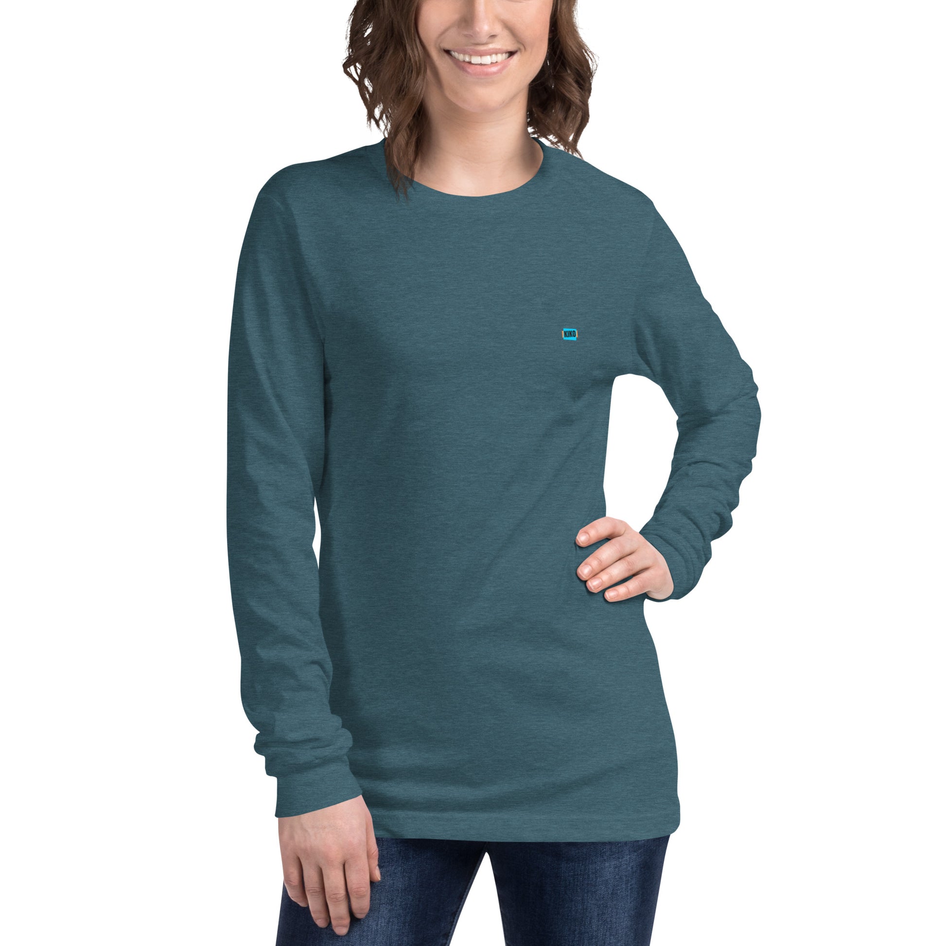 female wearing heather deep teal long sleeve t-shirt with kiko logo left chest