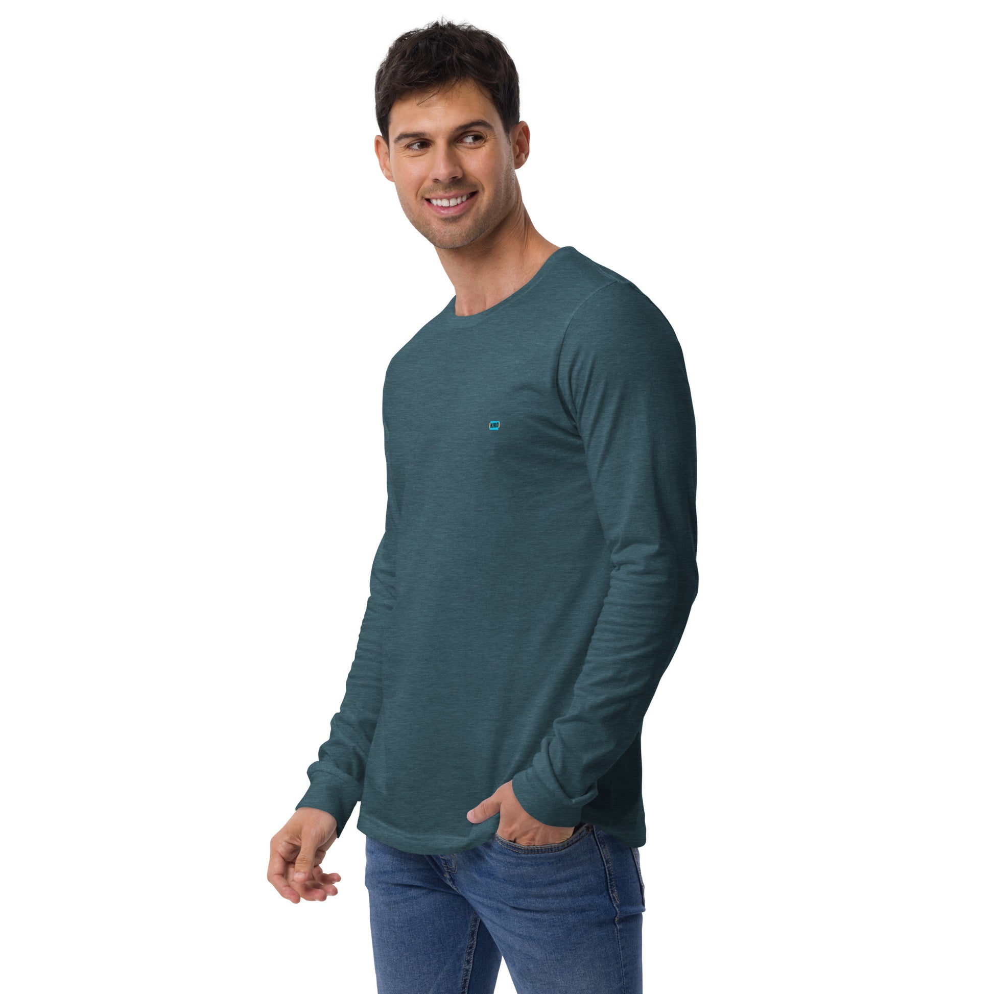 male wearing heather deep teal long sleeve t-shirt with kiko logo left chest