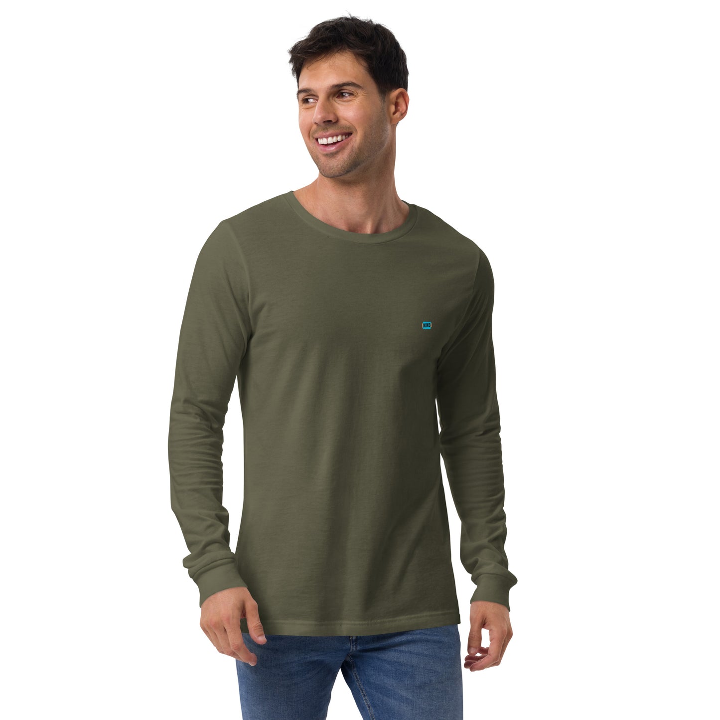 male military green long sleeve t-shirt with kiko logo left chest