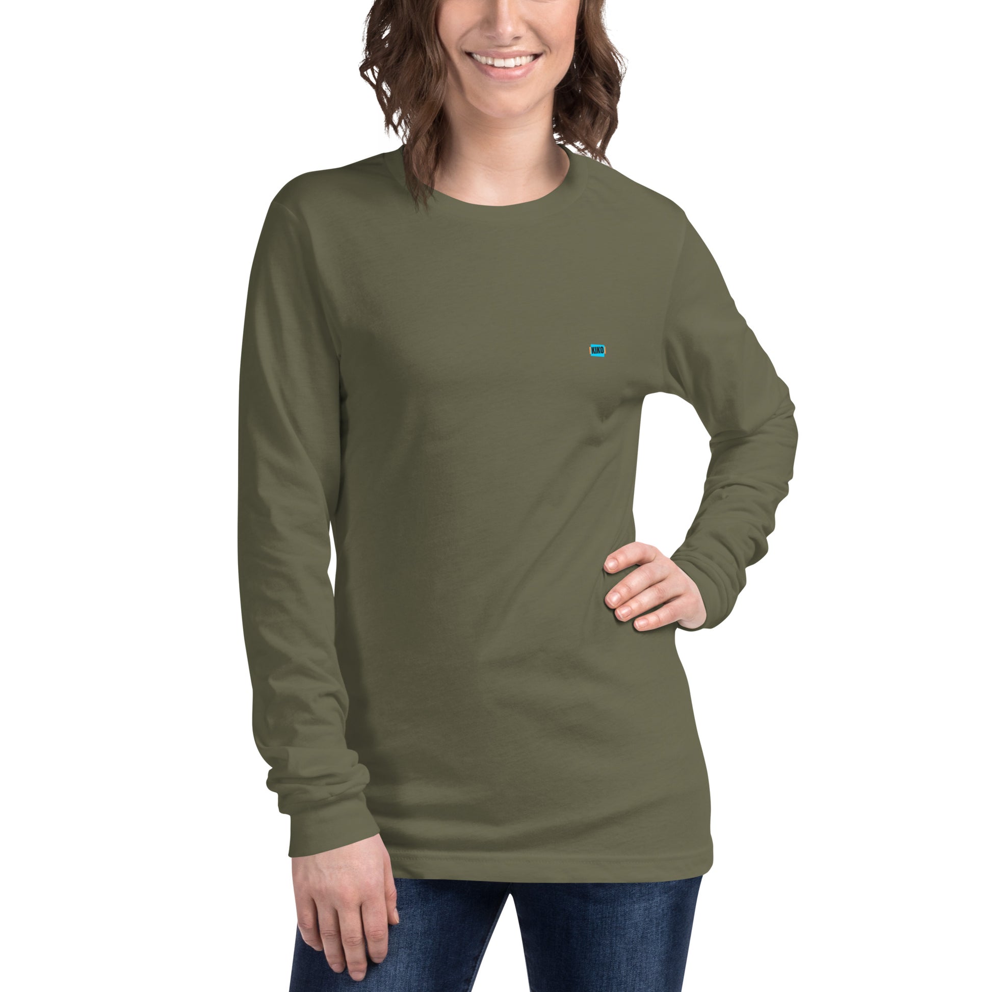 female military green long sleeve t-shirt with kiko logo left chest