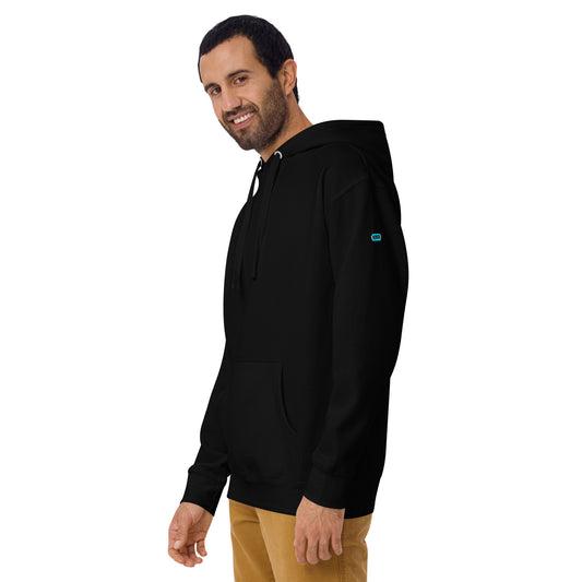 black hoodie with a kiko logo on left arm below shoulder